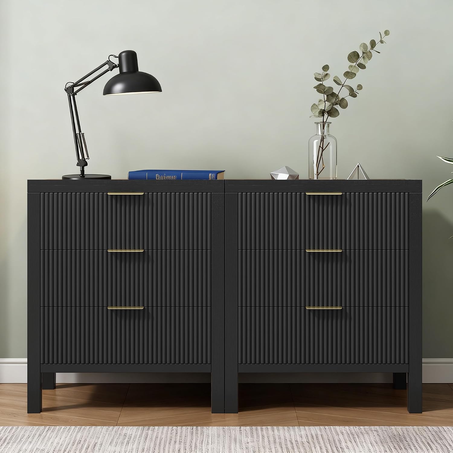 Fluted Nightstands Set of 2, Wooden Farmhouse Night Stands with 6 Drawer Bedside Table - Boho Tall End Table Accent Table for Bedroom, Living Room, （Black 2PCS）