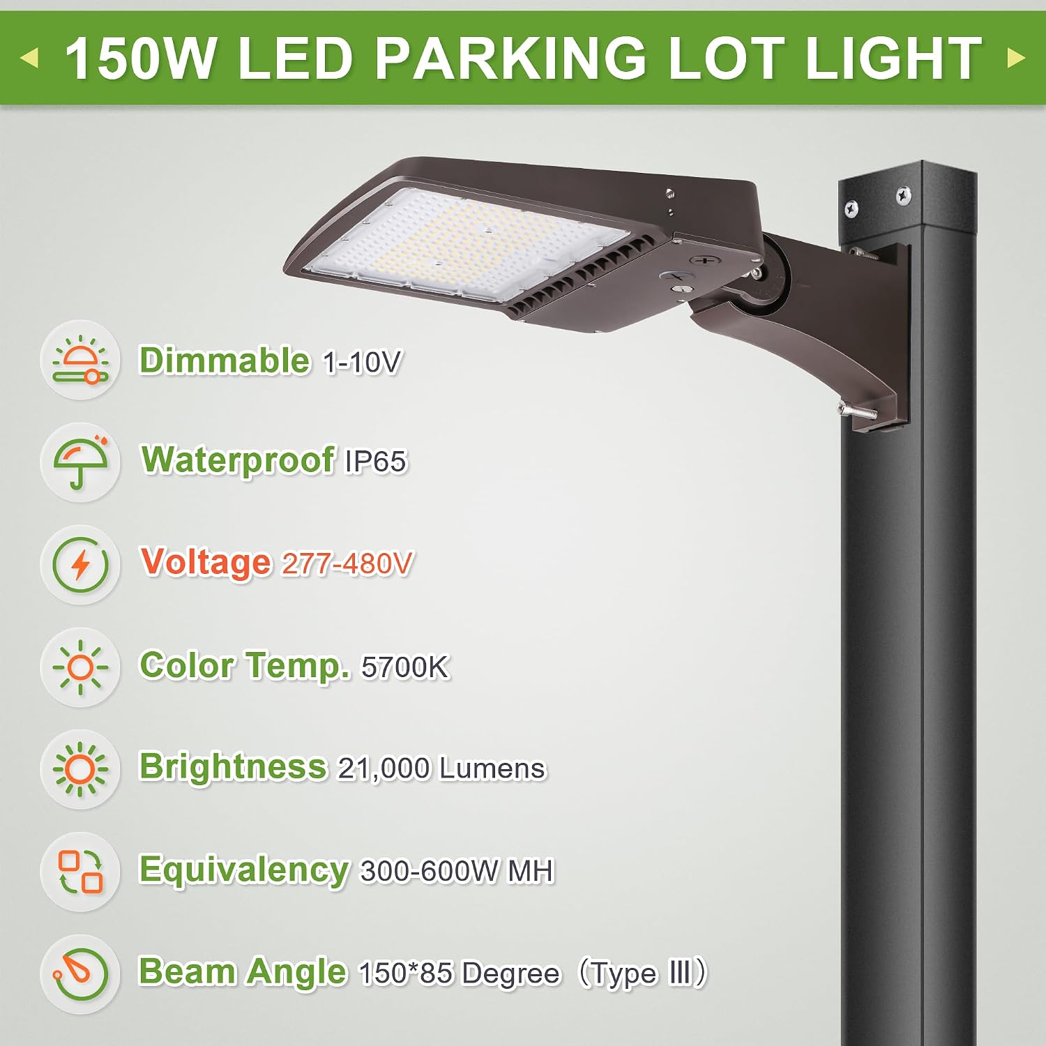 480V 150W LED Parking Lot Light, 5000K 21000LM [Eqv. 500W HPS] LED Shoebox Light with Direct Pole Mount, Outdoor Area Street Light, IP65 20KV Surge Protection, AC 277-480V, UL Listed