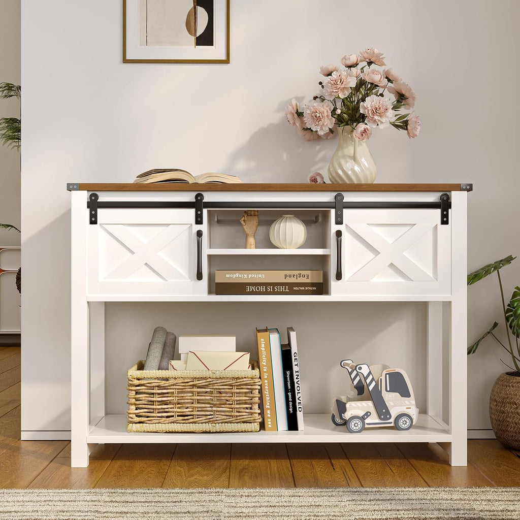 Farmhouse Entryway Table with LED Light, Sofa Table with Sliding Barn Door, Adjustable Open Shelves, 46' Rustic Console Table with Storage, Antique White Hallway for Living Room Bedroom