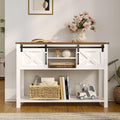 Farmhouse Entryway Table with LED Light, Sofa Table with Sliding Barn Door, Adjustable Open Shelves, 46' Rustic Console Table with Storage, Antique White Hallway for Living Room Bedroom