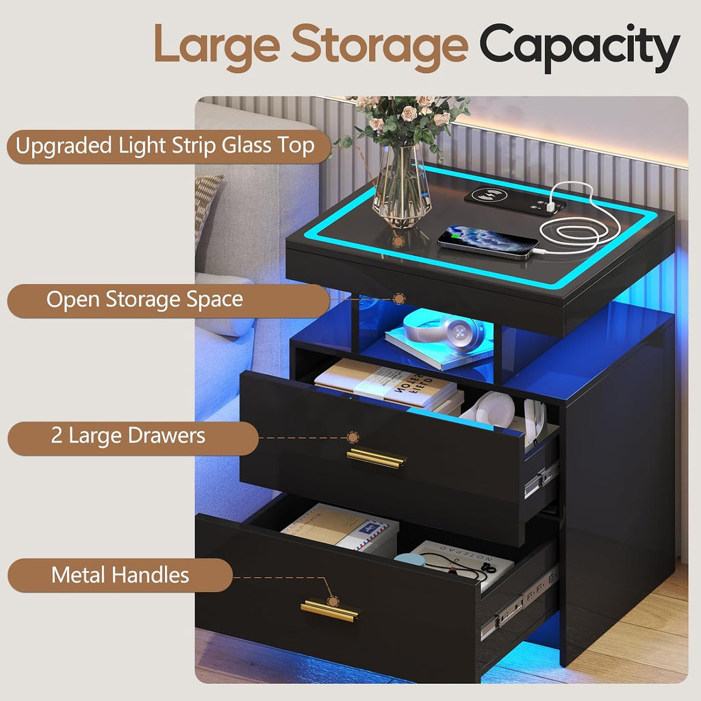 LED Nightstand Set 2 with Wireless Charging Station,Black Night Stand with 2 Drawers,Glass Top Smart Bedside Table,Modern End Table Side for Bedroom,Living Room,Office