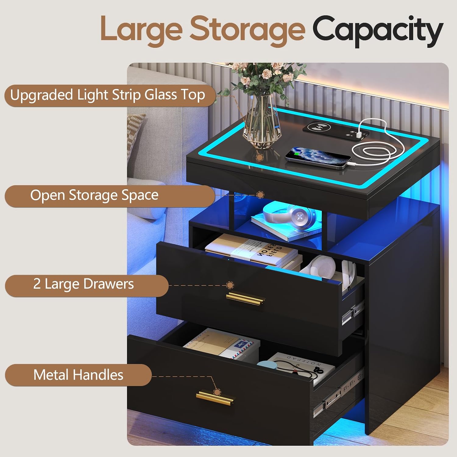 LED Nightstand Set 2 with Wireless Charging Station,Black Night Stand with 2 Drawers,Glass Top Smart Bedside Table,Modern End Table Side for Bedroom,Living Room,Office