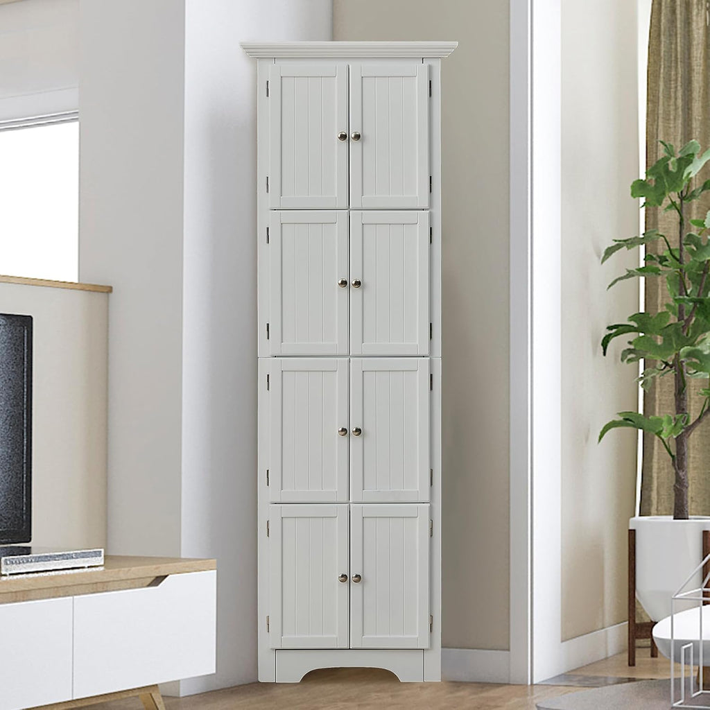 72' Tall Corner Storage Cabinet with Doors and 4 Shelves, Free Standing Corner Hutch Cabinet Kitchen Pantry Storage Cabinet Bookshelf Cabinet for Kitchen Living Room Bedroom (White)