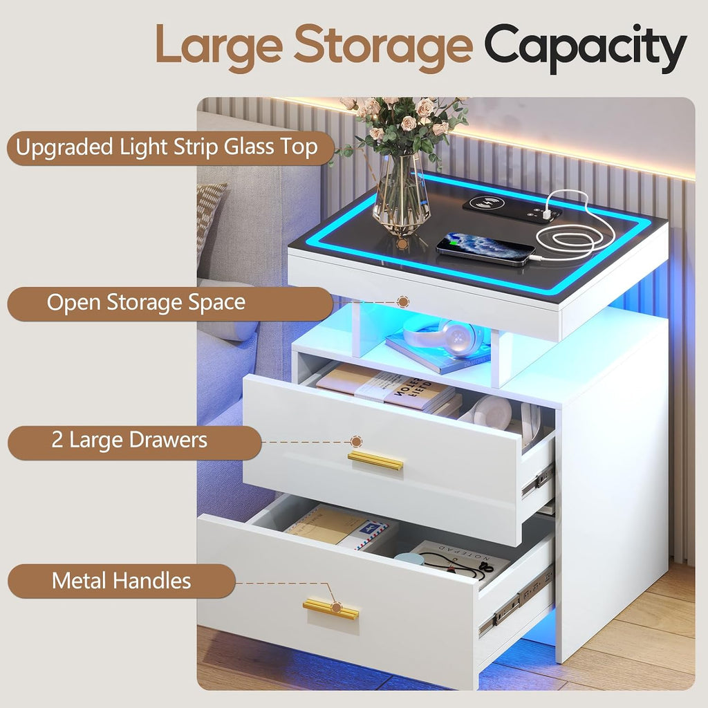 LED Nightstand Set 2 with Wireless Charging Station,White Night Stand with 2 Drawers,Glass Top Smart Bedside Table,Modern End Table Side for Bedroom,Living Room,Office