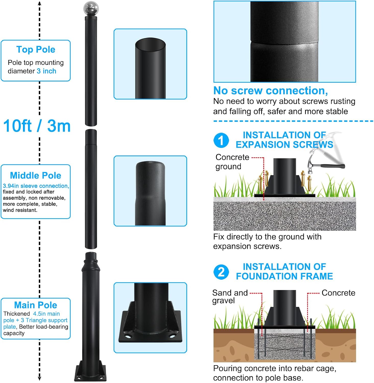 Street Light Pole 10ft Tall, Black Outdoor Galvanized Heavy-duty Metal Solar Street Lamp Post, Suitable for Outdoor Street and Courtyard Lighting Fixtures with Mounting Rebar Cage (10 FT 114+76mm)