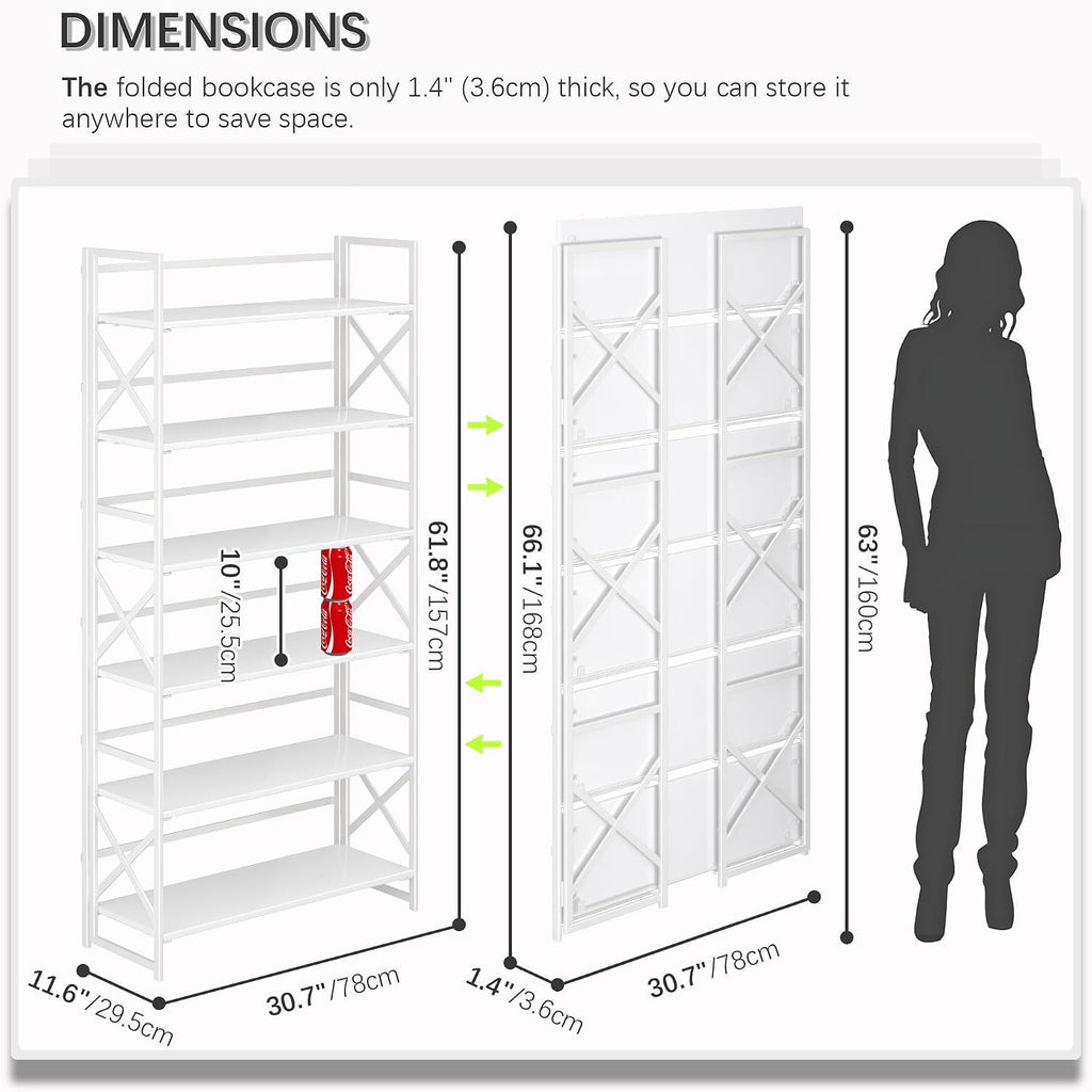 4NM Extra Wide 6 Tiers No Assembly Book Shelves, 61.8' H Folding Bookshelf Bookcase Open Industrial Foldable Shelves for Bedroom, Living Room, Home Office - All White