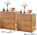 LEYAOYAO 23' Wide Fluted Farmhouse Night Stand Set of 2 with Charging Station, 3 Drawers Large End Table w/Metal Handle, Brown Nightstand Bedside Table,Wood Dresser for Bedroom, Closet