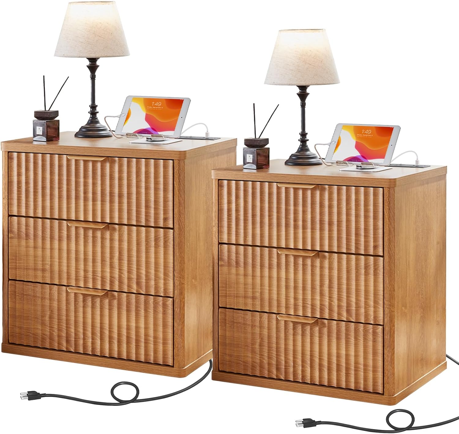 LEYAOYAO 23' Wide Fluted Farmhouse Night Stand Set of 2 with Charging Station, 3 Drawers Large End Table w/Metal Handle, Brown Nightstand Bedside Table,Wood Dresser for Bedroom, Closet