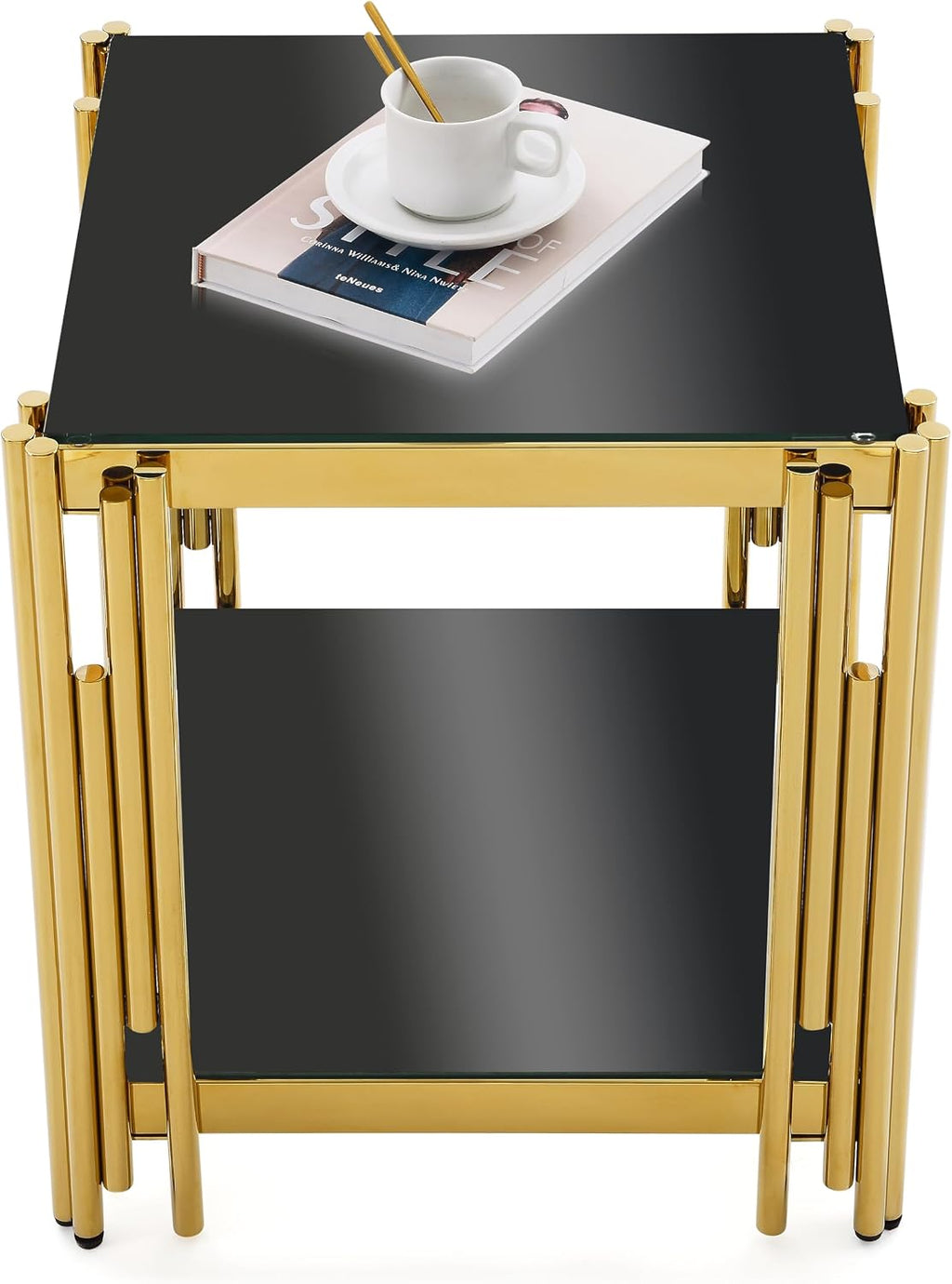 JIJIWANG 22' Small Square End Table, Side Table with Double-Layer Tempered Black Glass & Gold Stainless Steel Frame for Bedroom Living Room, Easy to Assemble Black