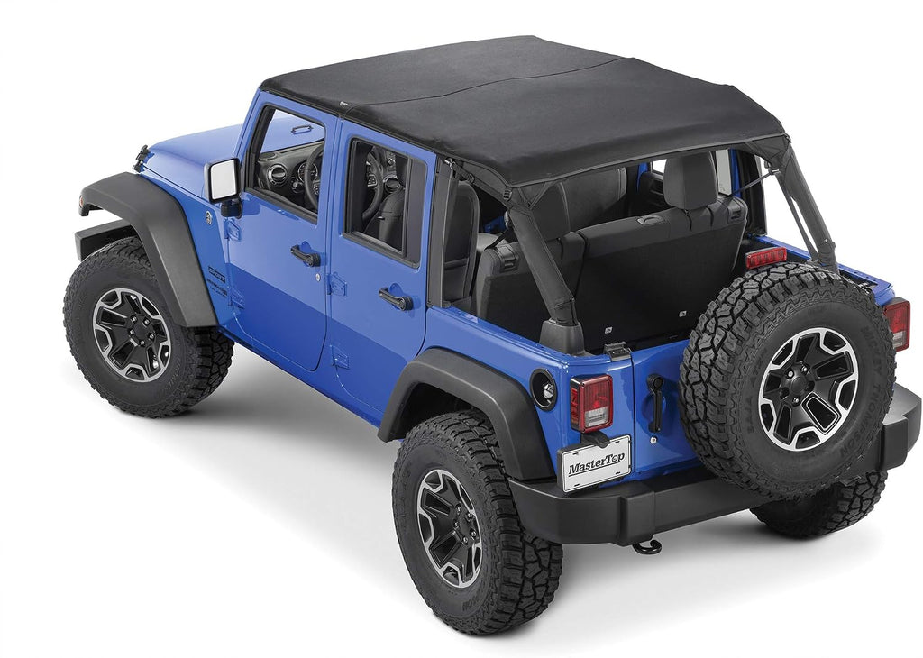 MasterTop 3-Piece Ultimate Summer Soft Top Combo - Bimini Soft Top, Wind Stopper Cab Curtain, and Tonneau Deck Cargo Cover - Fits Jeep Wrangler JK JKU Unlimited 4-Door 2010-2018 - Black MasterTwill