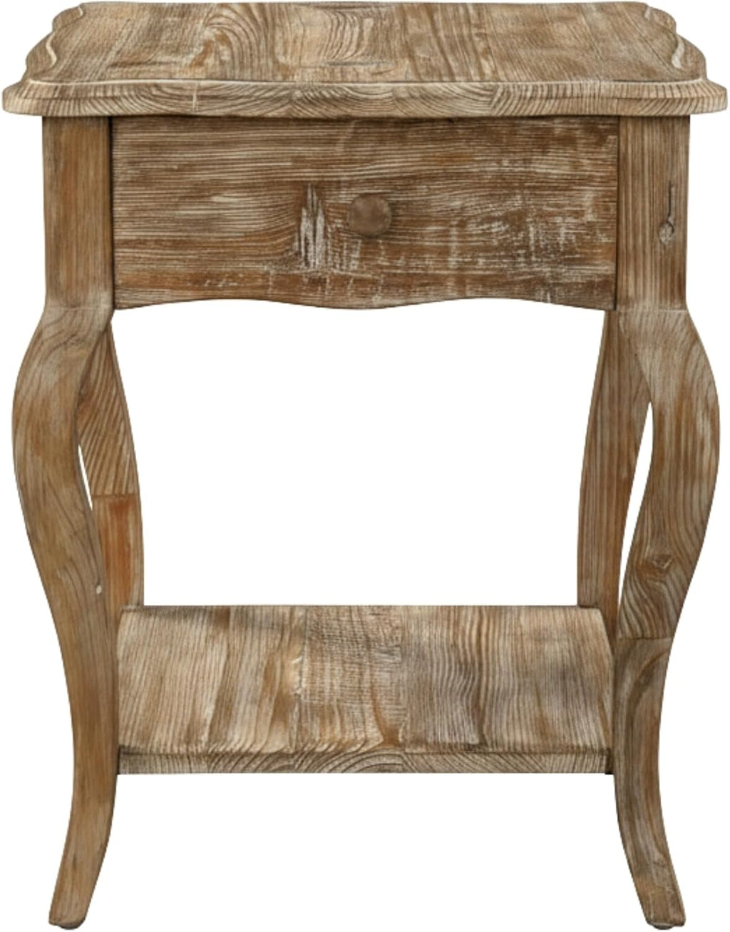 Austerity 20-Inch Rectangular Rustic Solid Wood End Table with Drawer and Shelf – Cedar Wood, Driftwood Finish, Queen Anne Legs, Scalloped Edges – Living Room Accent Table by Alaterre Furniture