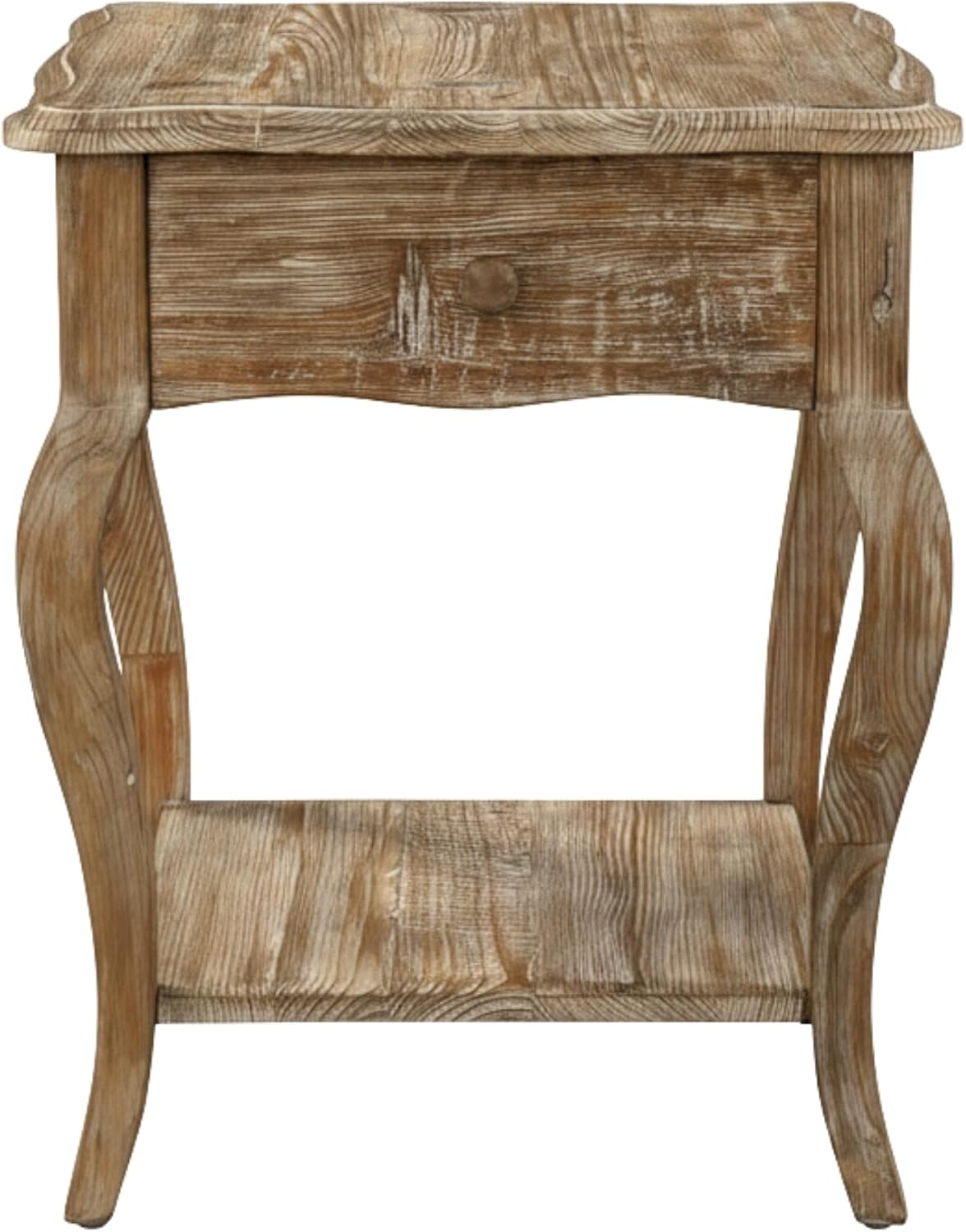 Austerity 20-Inch Rectangular Rustic Solid Wood End Table with Drawer and Shelf – Cedar Wood, Driftwood Finish, Queen Anne Legs, Scalloped Edges – Living Room Accent Table by Alaterre Furniture