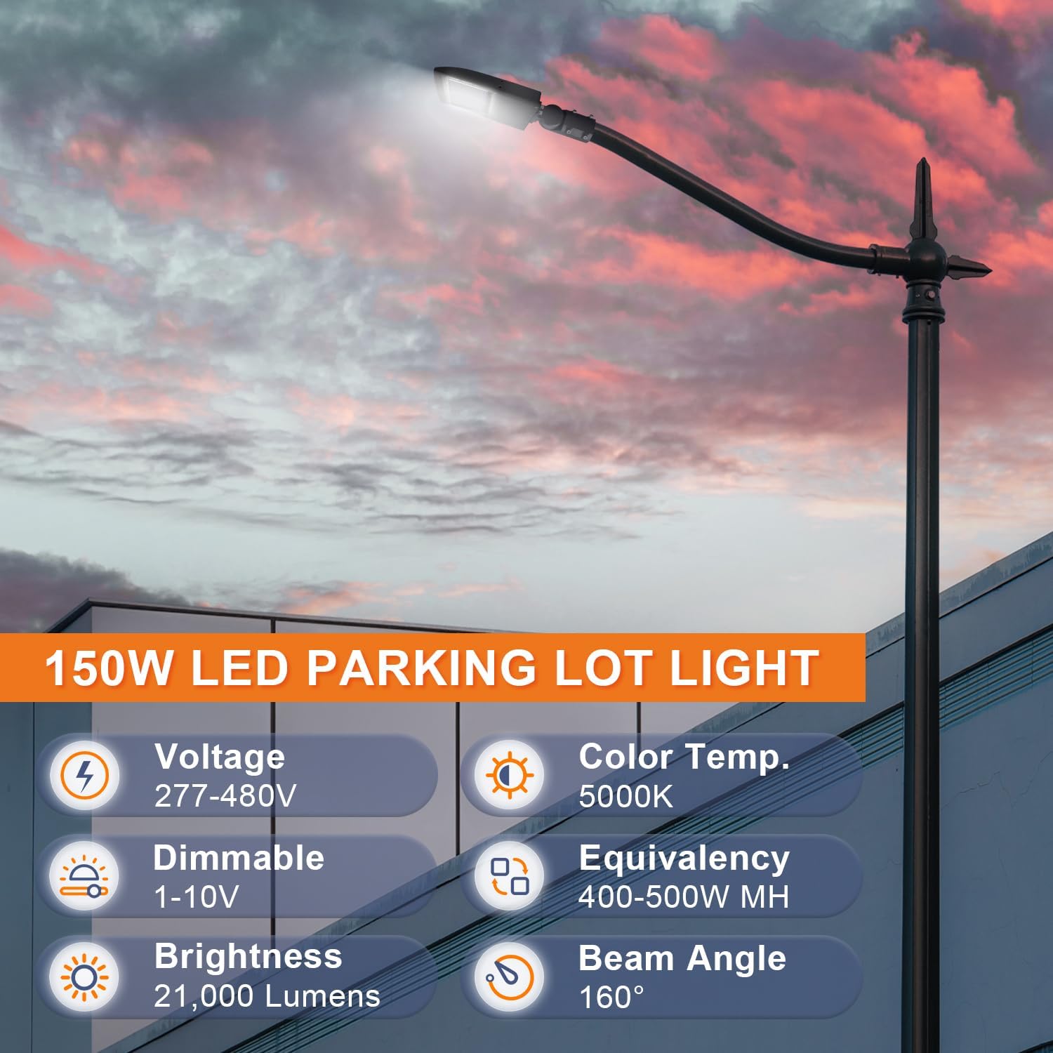 480V 150W LED Parking Lot Light, 21000LM LED Shoebox Street Flood Light (500W MH/HPS Equiv.), 5000K Dimmable Commercial Area Lighting with 20KV Surge Protection, IP65 Waterproof AC277-480V