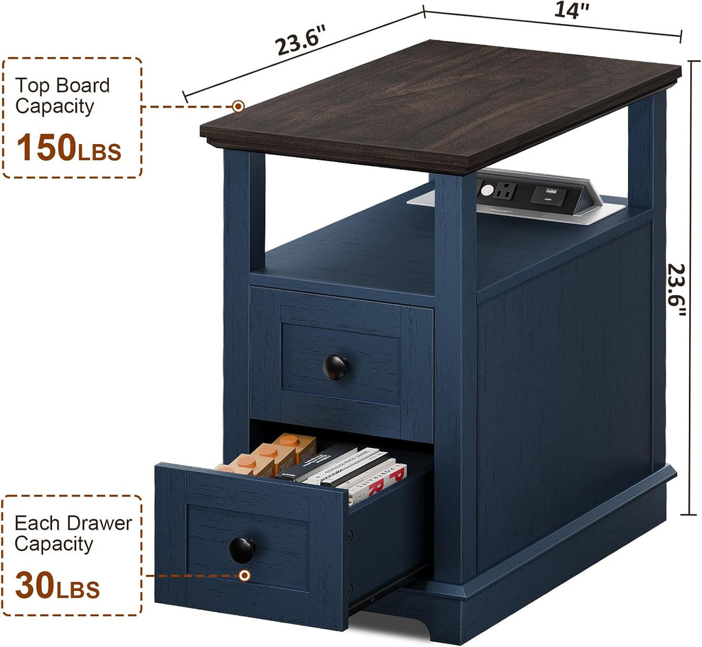HIFYOBRO 2 Drawers End Table with Flip Top Charging Station Set of 2, Narrow Side Table, Type-C & USB Port & Power outlets, Wooden Storage End Table for Living Room, Bedroom