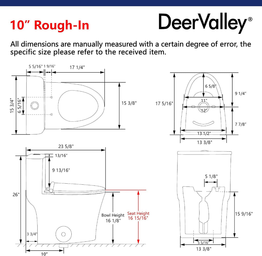 DeerValley Compact One Piece Toilet, Small Toilet for Bathroom with Comfort Wider Chair Seat, Modern Toilets Powerful Flush Tall Hight 12'' Rough-In Toilet White 23.6'D x 15.7'W x 26'H