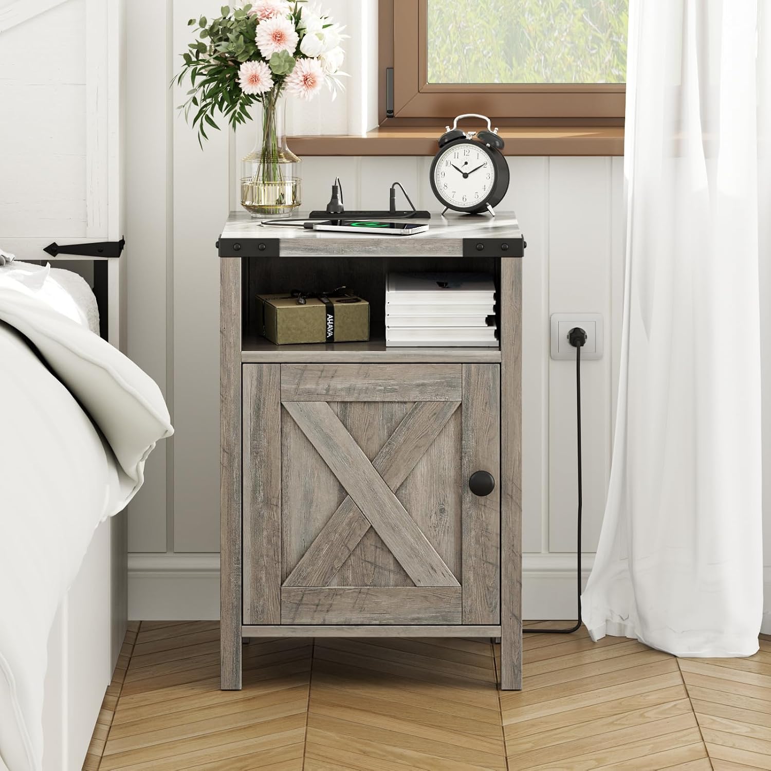 Fameill Farmhouse End Tables Set of 2, Nightstands with Charging Station, Bedside Tables with Barn Door and Open Compartment, Rustic Living Room Bedroom Side Table, Wash Grey