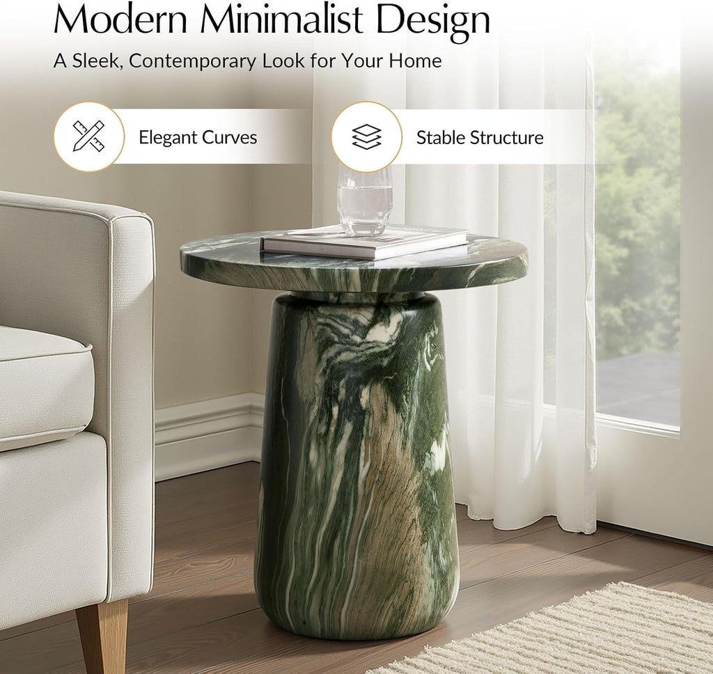 HULALA HOME Sculptural Round End Table with Pedestal Base, Faux Marble Accent Table for Modern Living Room(Green)