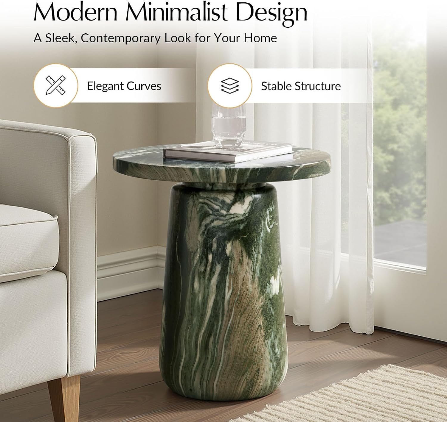 HULALA HOME Sculptural Round End Table with Pedestal Base, Faux Marble Accent Table for Modern Living Room(Green)