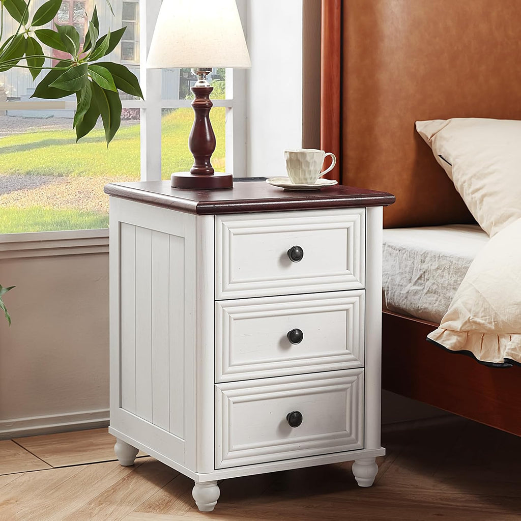 RWYHG 18' Farmhouse Nightstand with Charging Station and USB Port, White Night Stand with 3 Drawers, Wood Bedside End Table with Storage, Bed Side Tables for Bedroom Living Room and Closet
