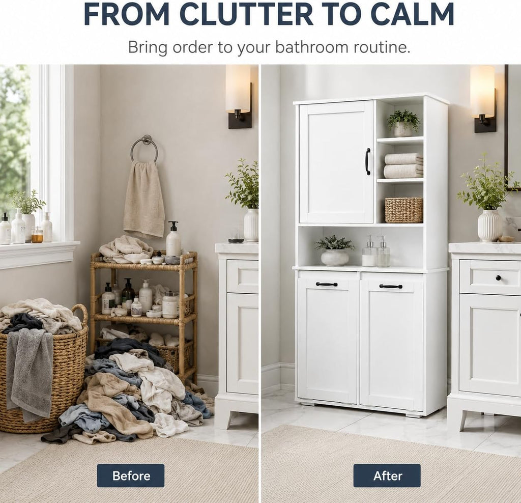 Bathroom Storage Cabinet with 2 Tilt-Out Bins, Freestanding | Particle board, MDF, melamine finish, 2 tilt-out bins, adjustable shelf, open shelves, bathroom, 31.5 W x 15.75 D x 63 H in