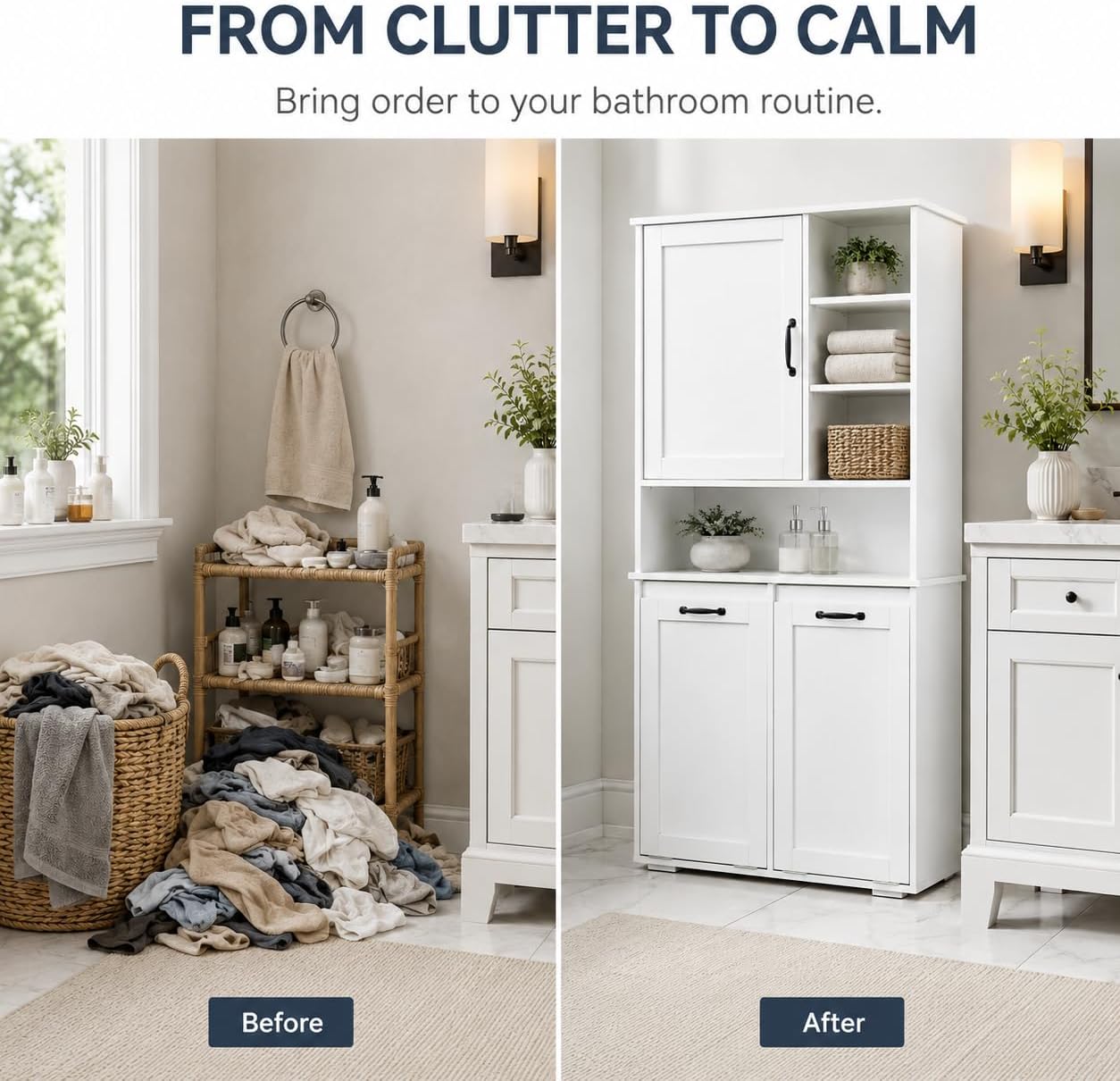 Bathroom Storage Cabinet with 2 Tilt-Out Bins, Freestanding | Particle board, MDF, melamine finish, 2 tilt-out bins, adjustable shelf, open shelves, bathroom, 31.5 W x 15.75 D x 63 H in