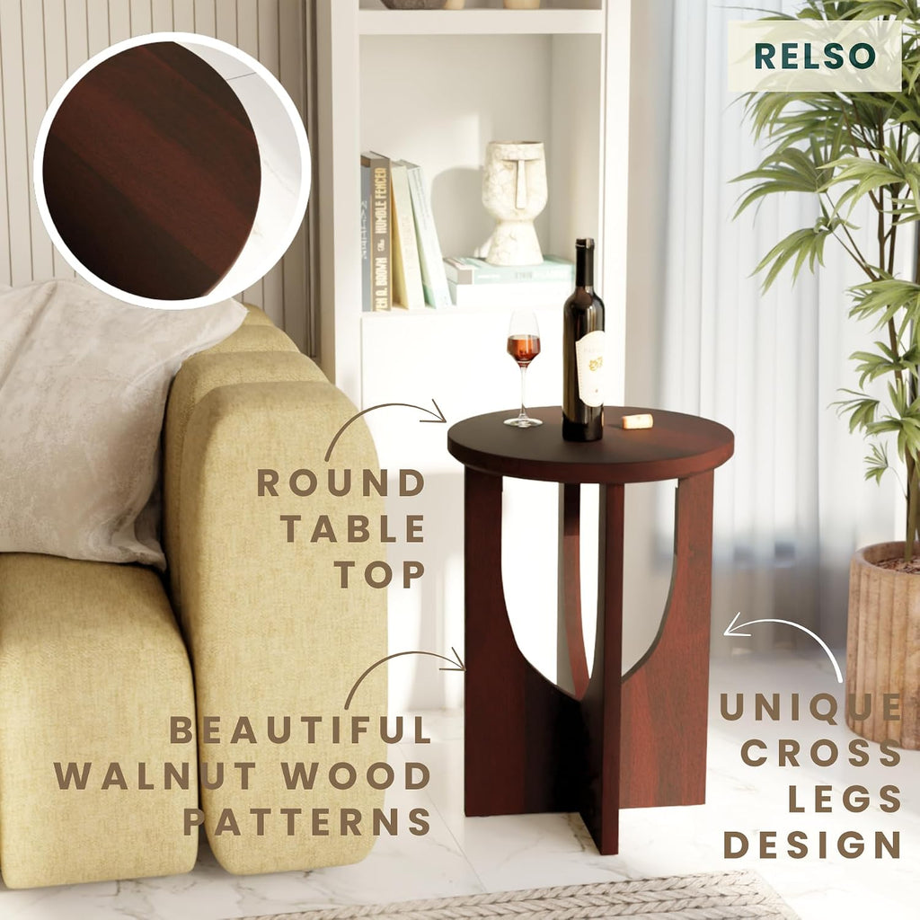 Relso Stupa Solid Wood End Table – 22' Tall Round Side Table for Living Room or Bedroom, Handcrafted Accent Table in Walnut Finish, Easy Assembly, Modern Minimalist Design for Small Spaces