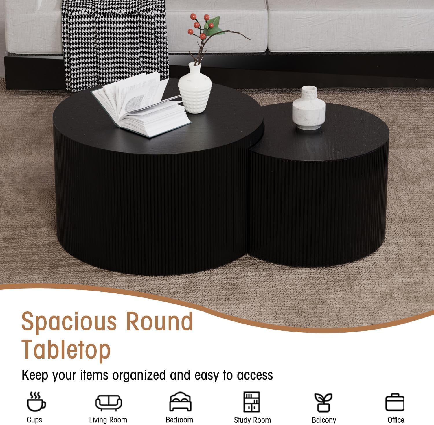 Round Nesting Coffee Table Wood Drum Nesting Tables Modern Stacking Coffee Table Set of 2 Fluted Center Table End Table for Living Room Home Office Small Spaces, No Assembling (Black Crescent)