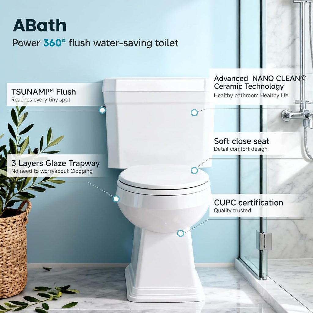 Two Piece Toilets for Bathrooms, Elongated Toilet with 17' Chair Height Soft Close Seat, 1.27 GPF Power Flush, Nano Self-Cleaning Glaze, WaterSense/1000g Map Certified, White ADA toilet 12' Rough In