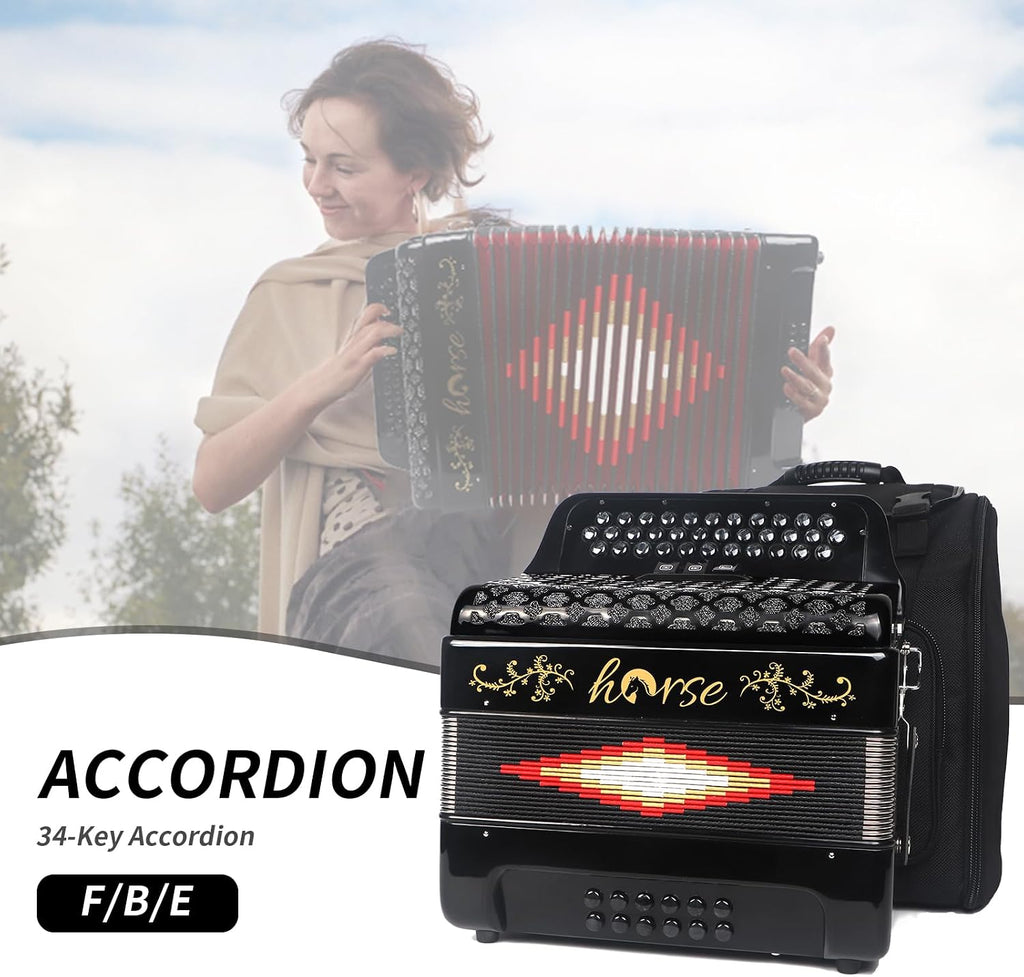 Horse 34 Key Accordion,12 Bass 3-Row F/B/E Diatonic Accordions Instruments for Adults with Luxury Backpack and Straps, 34 Buttons Button Acordeón Acordeones Para Adultos For Beginners to Professionals