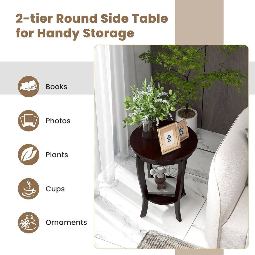 GOFLAME 2-Tier Round End Table Set of 2, 18' Sofa Side Table with Storage Shelf, Floor Tea Table with Solid Wood Legs, Compact Nightstand for Small Space, Living Room, Bedroom, Espresso