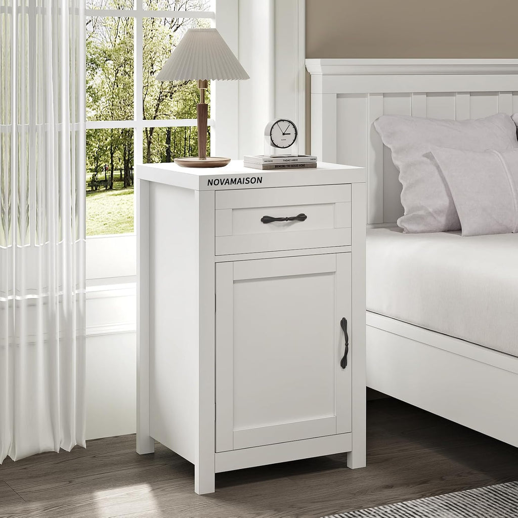 White Nightstand with Drawer, Farmhouse End Table with Storage Cabinet and Adjustable Shelf, 30' Tall Bedside Table Rustic Wood Sofa Side Table for Living Room, Bedroom