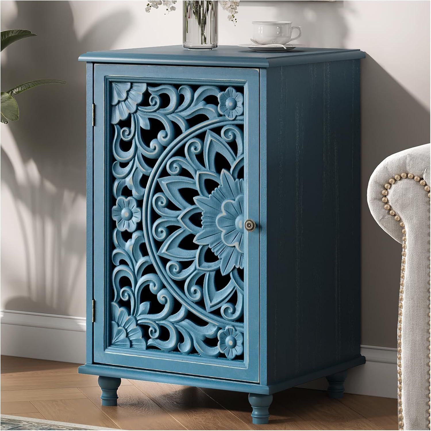 JOINICE Small Accent Cabinet with Carved Mandala Door, Blue Storage Cabinet with Solid Wood Legs & Adjustable Shelf, Boho Distressed End Table for Living Room, Bedroom, Entryway Side Table