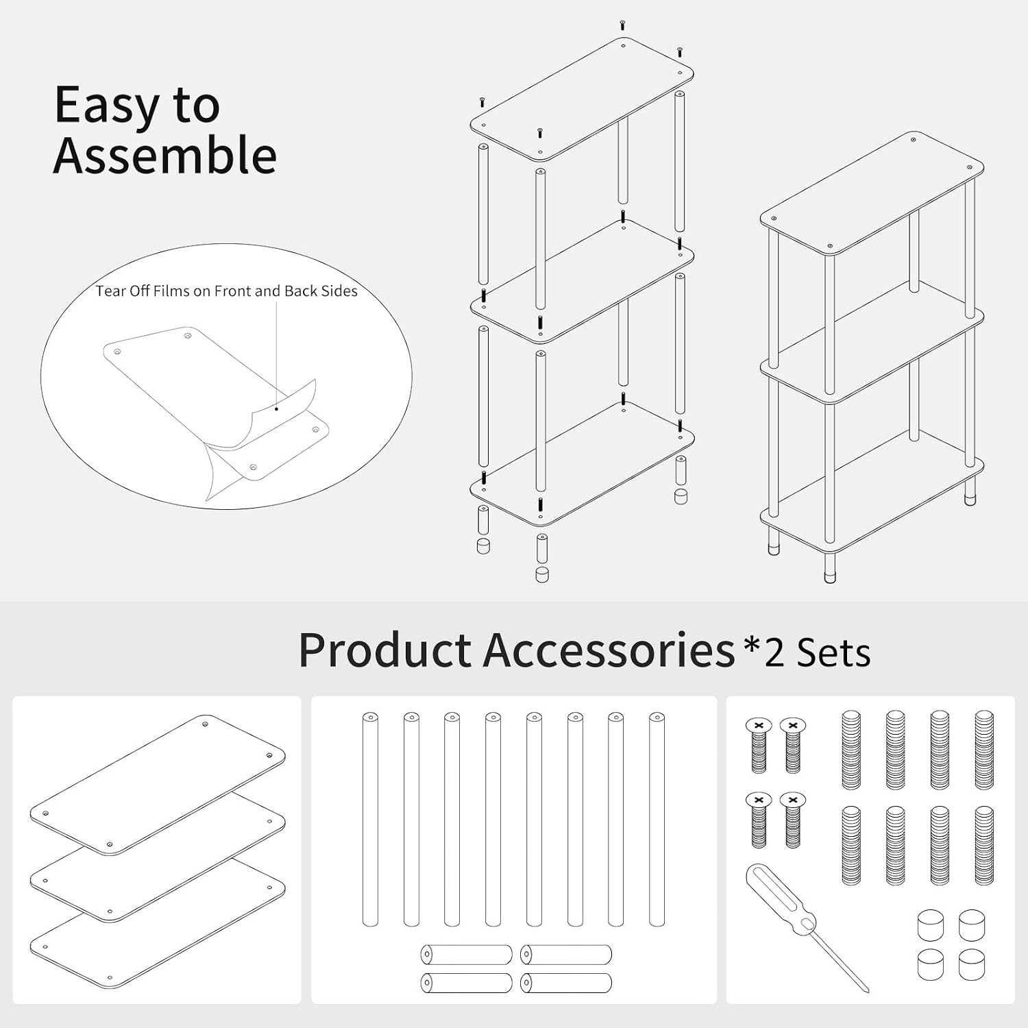 Clear Acrylic Narrow Side Table Set of 2 for Small Spaces, 15.75' L x 7.87' W x 26.7' H, 3 Tier Rectangle Slim End Table Nightstand, Small Mini Skinny Bedside Table for Bedroom, Living Room