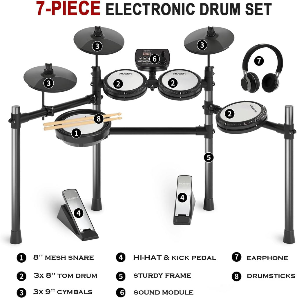 MOSEN Electric Drum Set with 4 Quiet Mesh Drum Pads, Cymbals, Sticks, Headphones, USB MIDI, Kick Pedal, 195+ Sounds and 25 Drum Kits for Beginner MED-X3