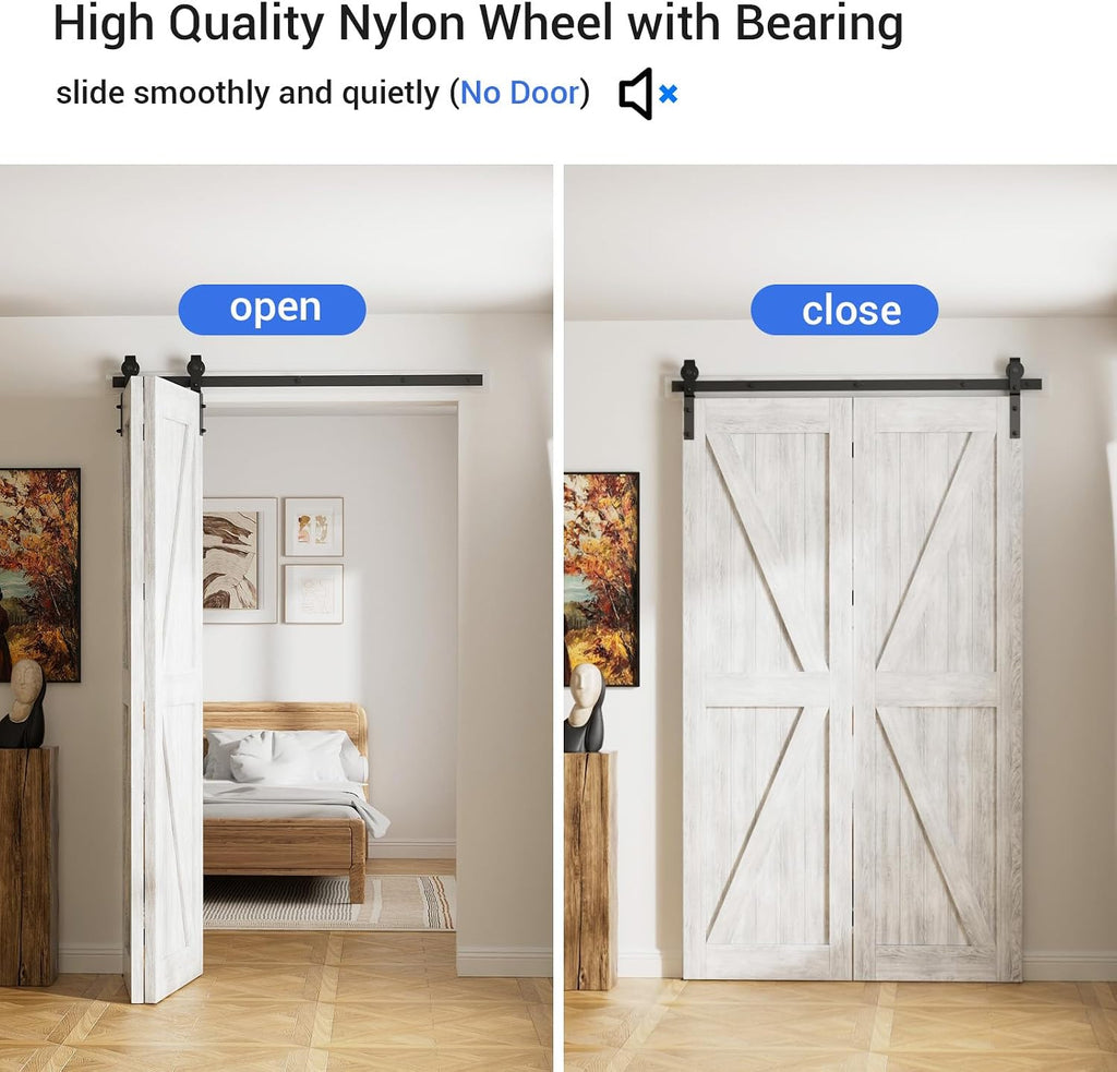 CCJH 96' Bi-Folding Sliding Barn Door Hardware Kit for 2 Doors,Slide Smoothly Quietly,Black Track J Shape Roller,No Door