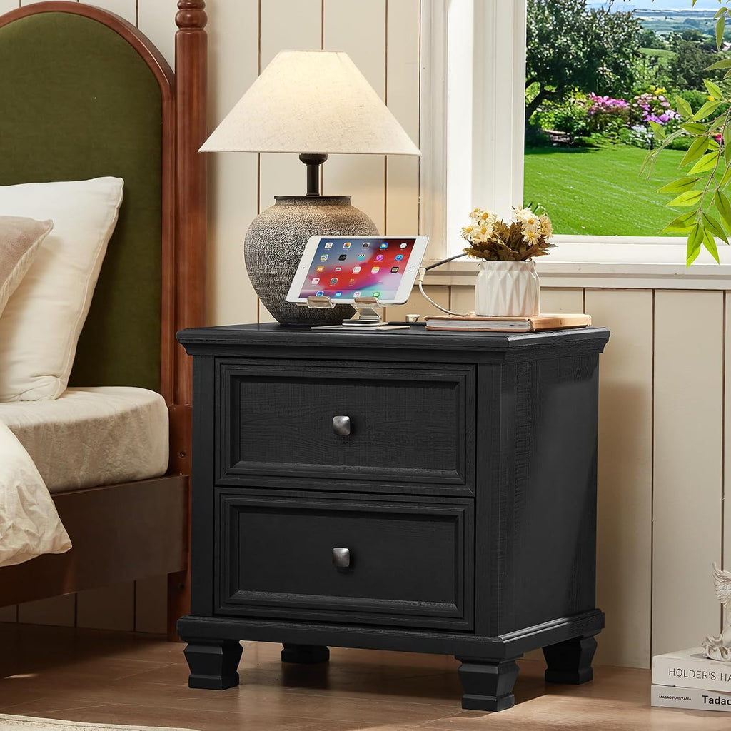SAVOR LIFE Farmhouse Nightstand Set of 2, Rustic Low Nightstands with 2 Drawers & Charging Station, Vintage Night Stands with 4 Square Solid Wood Legs, Small Dresser for Bedroom, Home, Black