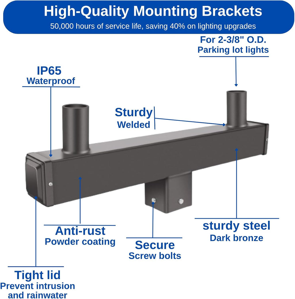ledmo Square Double Bullhorn Tenon Adaptor, 2 3/8 in Top Mounting Bracket for 2 Lights, Square Pole Mounting Arm for Street Pole Light Fixture
