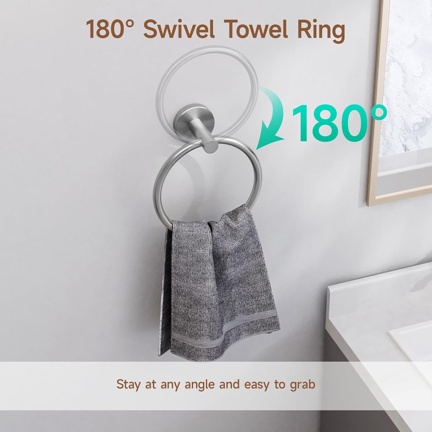 USHOWER 30'' Frameless Round Bathroom Mirror + 18'' Towel Bar Set