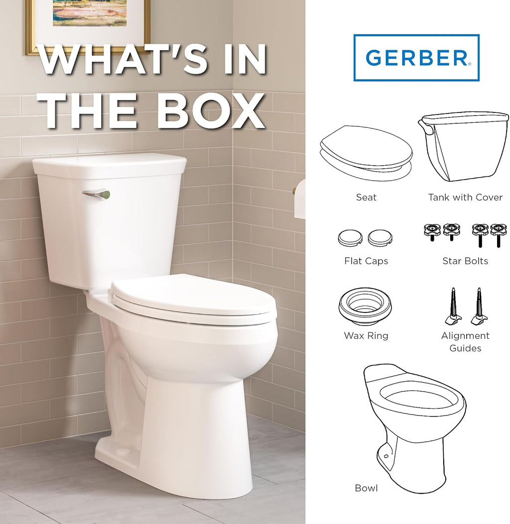 Gerber Viper Select Ultra-High Efficiency .8 GPF Two-Piece Toilet with 12-in Rough-in, ADA Compliant Chair Height, Soft-Close Seat and Install Kit with Wax Ring Included, White, GRS48251E