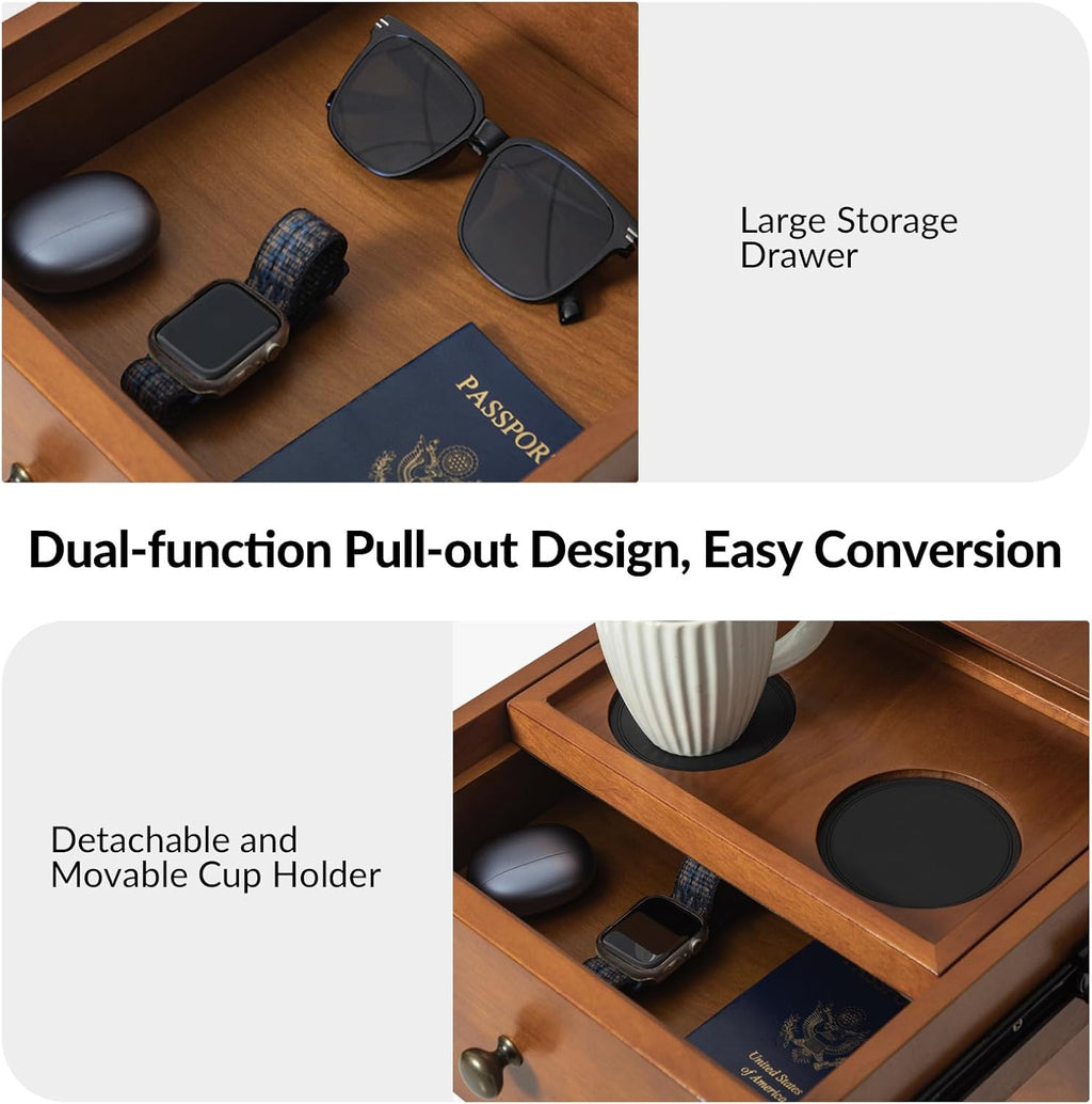 HULALA HOME Side Table with Drawers and Charging Station Set 0f 2, Modern End Table with USB Ports and Outlets, Wooden Night Stand with Storage for Couch,Living Room&Bedroom(Acorn