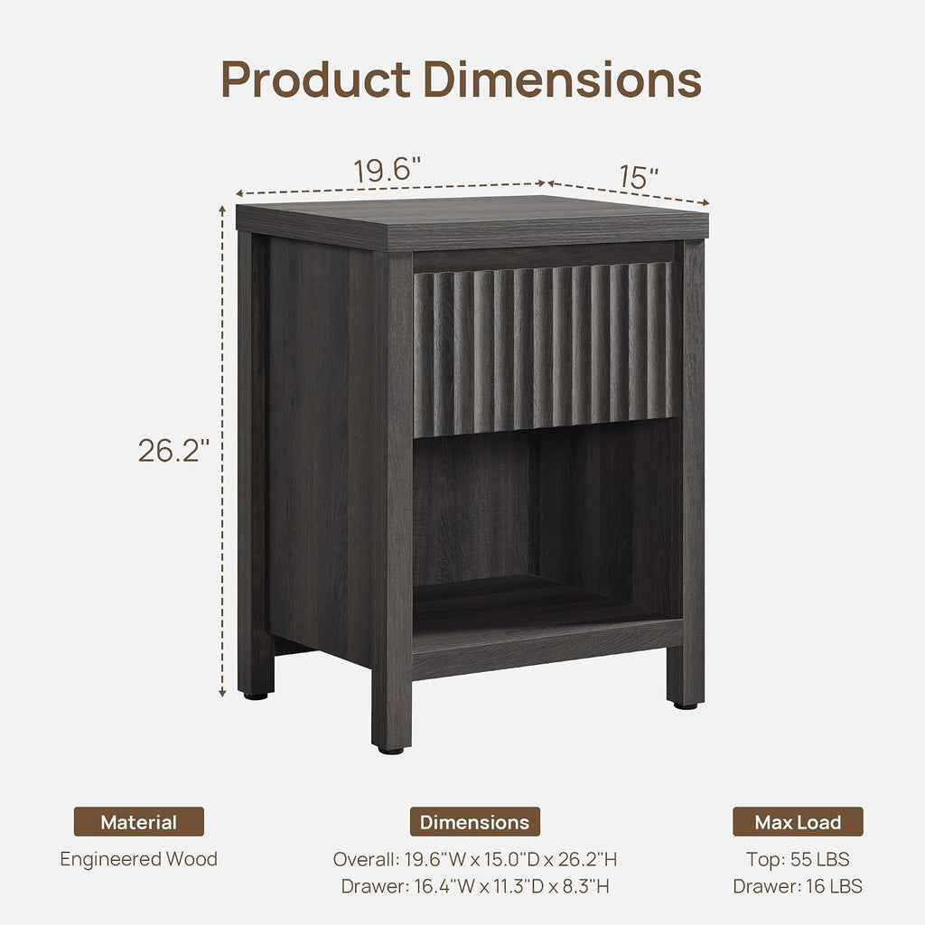 SICOTAS Fluted Night Stand Set of 2, Modern Nightstands with Drawer, Farmhouse Bedside Table with Storage Shelf, Large End Tables Bed Side Tables for Bedroom, Black Oak