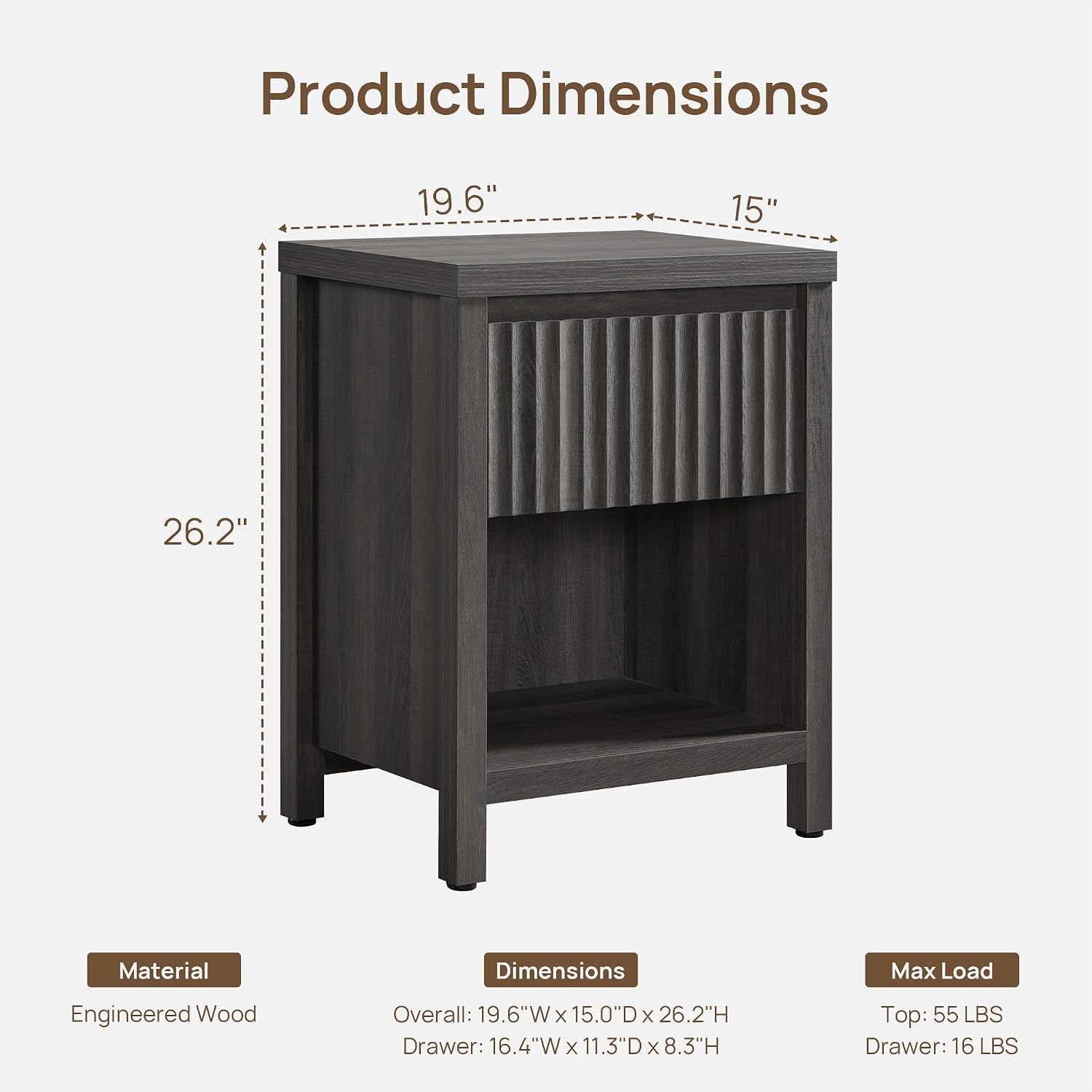 SICOTAS Fluted Night Stand Set of 2, Modern Nightstands with Drawer, Farmhouse Bedside Table with Storage Shelf, Large End Tables Bed Side Tables for Bedroom, Black Oak