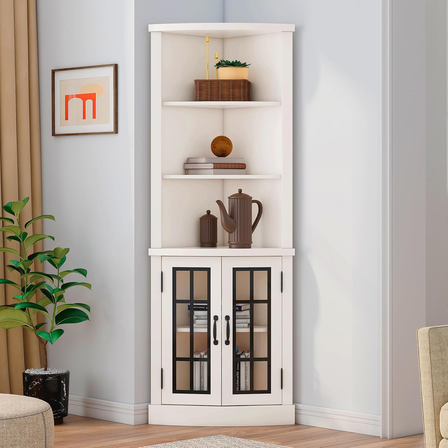 AMERLIFE Curved Corner Storage Cabinet, 65' Tall Freestanding Bookcase with Glass Doors & Adjustable Shelves, 5-Tier Corner Display Cabinet for Living Room, Bathroom, Distressed White