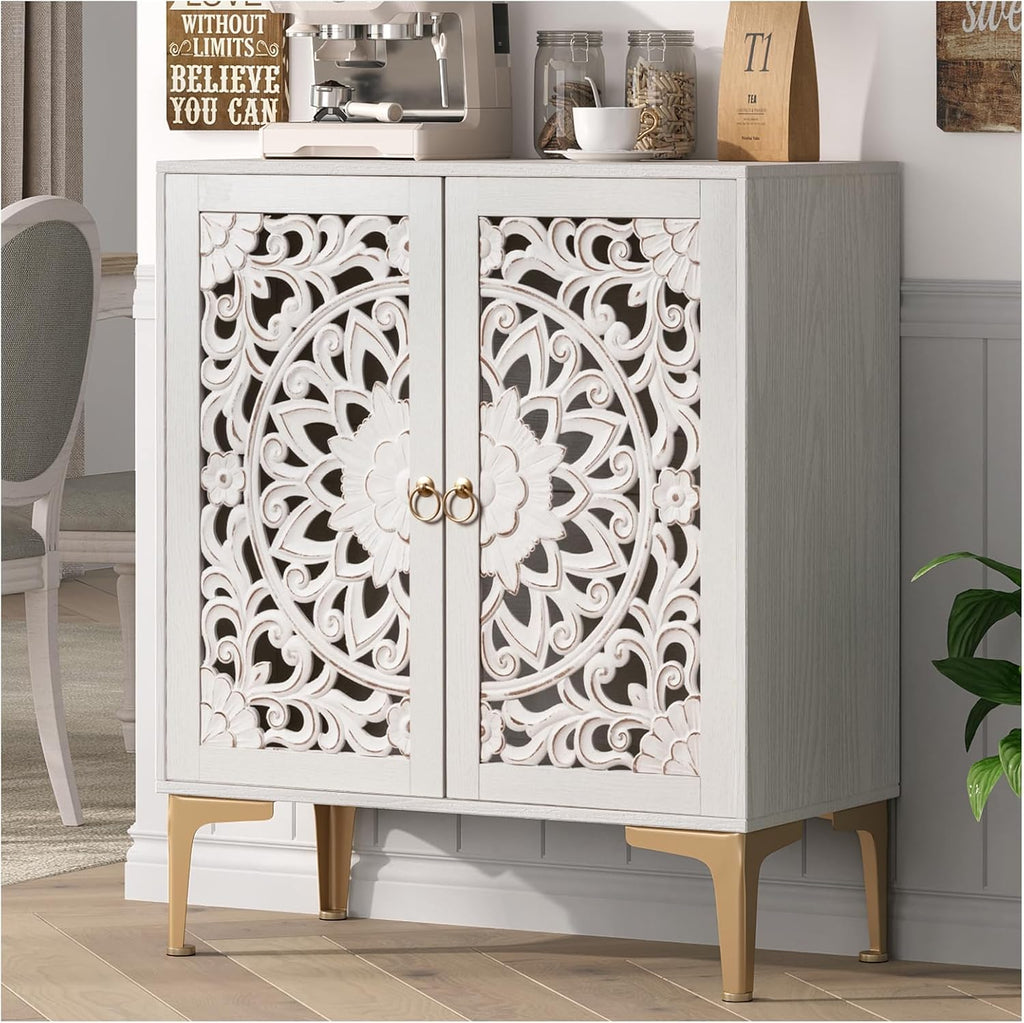 JOINICE 31.5' Accent Storage Cabinet with Carved Doors, White Boho Sideboard for Storage, Coffee Bar Cabinet & Entryway Table with Gold Legs, Decorative Buffet Cabinet for Dining Room, Living Room