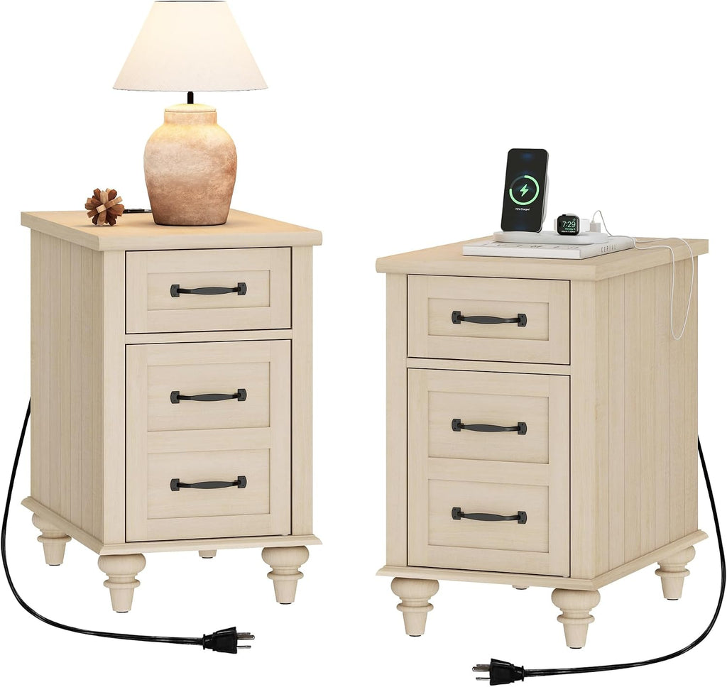 WAMPAT Set of 2 End Tables with Charging Station, Beige Tall Side Table with Storage Cabinet & Drawer, Wooden Nightstands with Power Outlets & USB Ports for Bedroom, Living Room