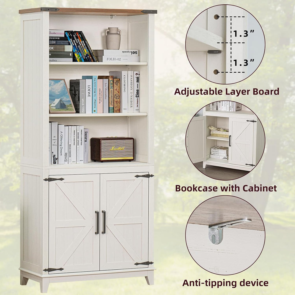 Joaxswe 5 Tier Bookshelf 70in Tall Bookcase with Barn Doors and Storage Cabinet, White Farmhouse Book Shelf with Adjustable Shelves, Wood Freestanding Display Bookshelves for Bedroom, Living Room