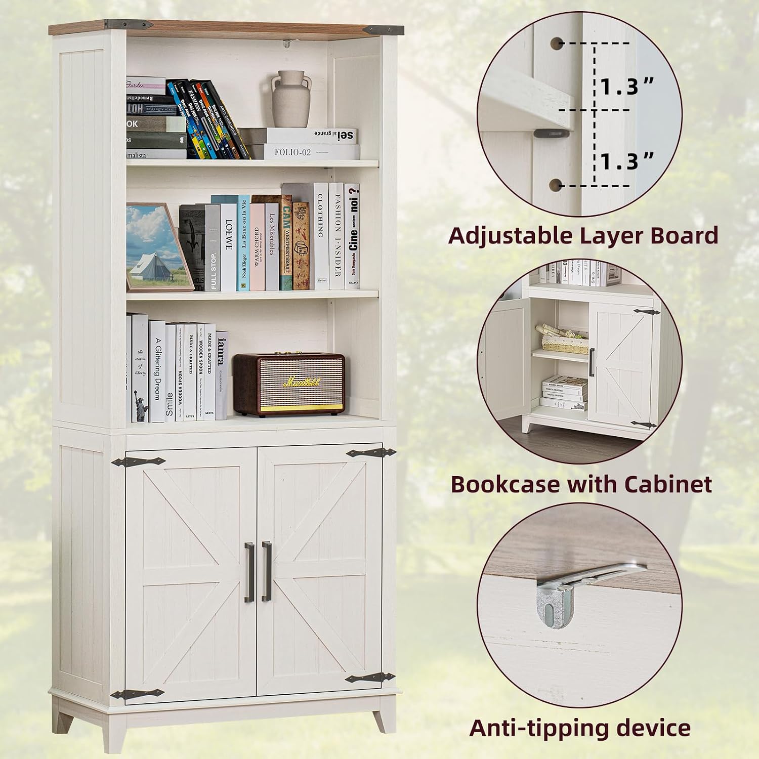 Joaxswe 5 Tier Bookshelf 70in Tall Bookcase with Barn Doors and Storage Cabinet, White Farmhouse Book Shelf with Adjustable Shelves, Wood Freestanding Display Bookshelves for Bedroom, Living Room