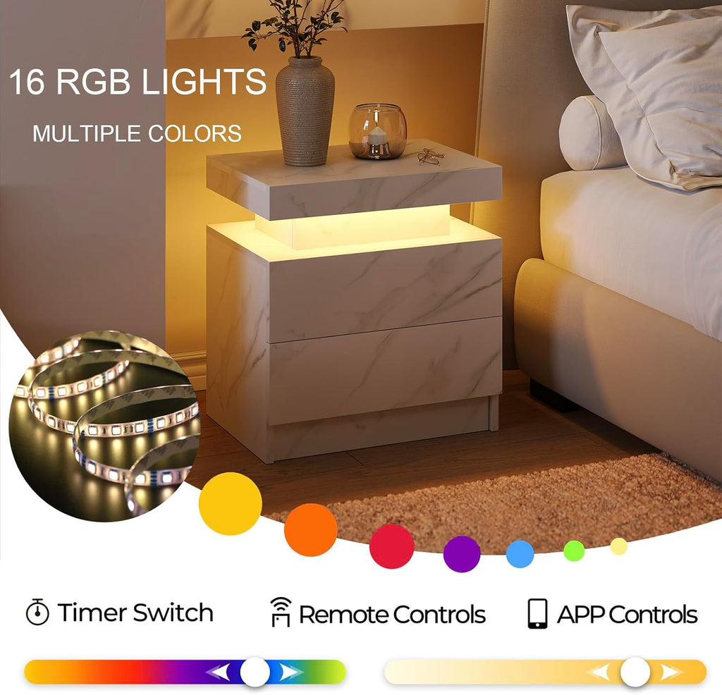 Cubehom Nightstands Set of 2, Bedside Tables with LED Lights, Night Stands with 2 Wood Drawers, End Tables Set of 2 for Living Room/Bedroom