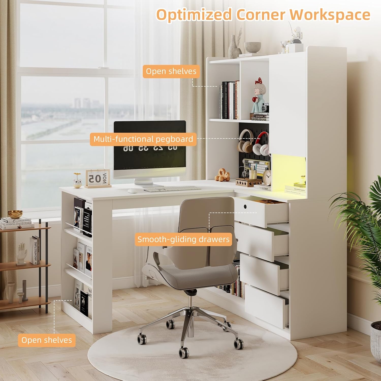 Zevemomo L Shaped Desk with Hutch and 4 Drawers, Computer Desk with USB Ports, Power Outlets & LED Light, Wood Corner Computer Desks with Storage Shelves for Home Office, White, Left Long