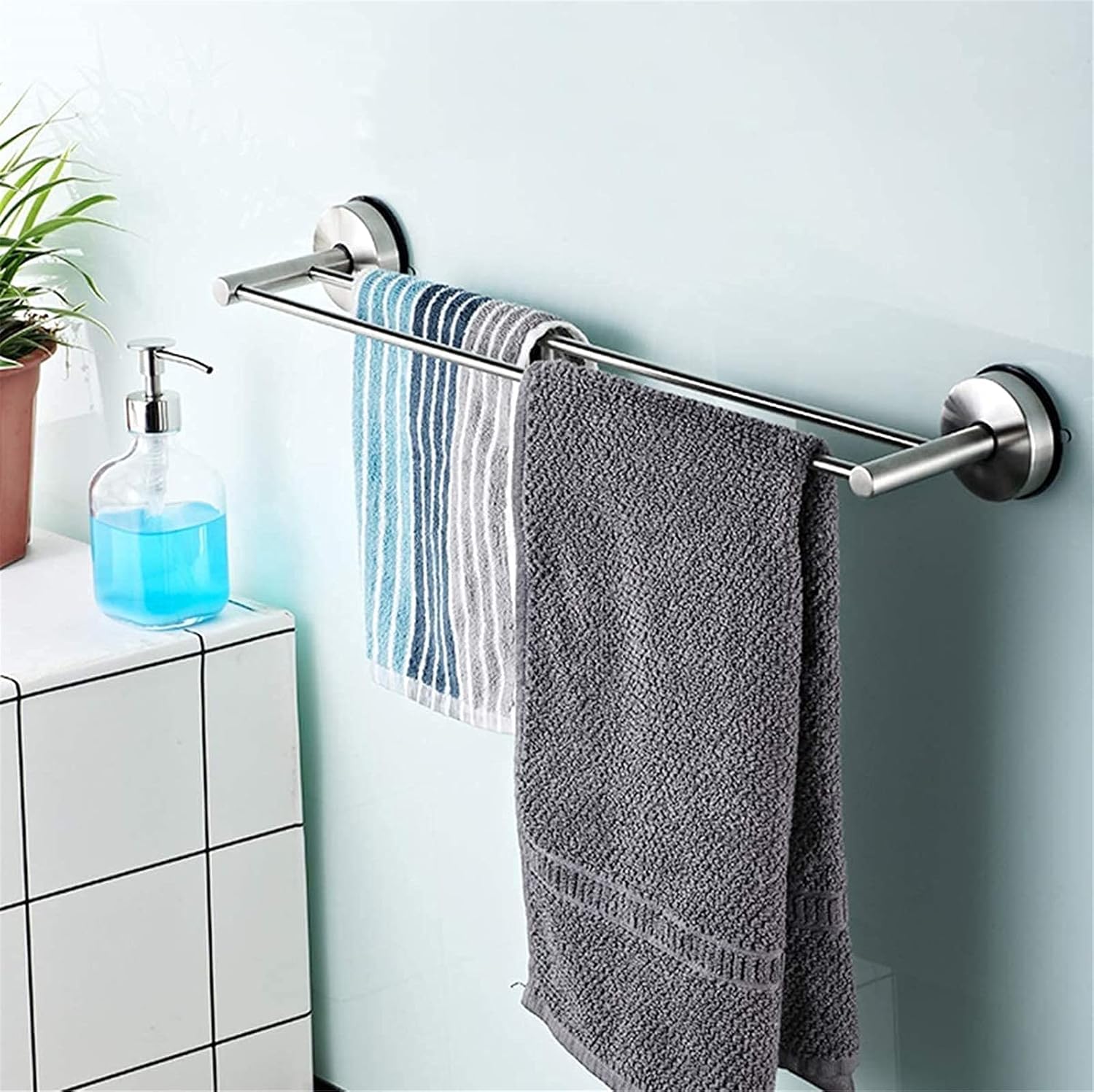 Towel Holder Bathroom Towel Bar with Vacuum Suction Cup Double Towel Holder and No Drill Wall Mount Shelf Rack for Clothes, Washcloths Polished Chrome